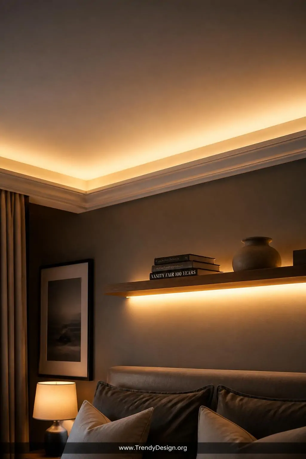 Closeup photorealistic interior design shot of LED cove lighting installed along recessed crown molding in a moody bedroom, w