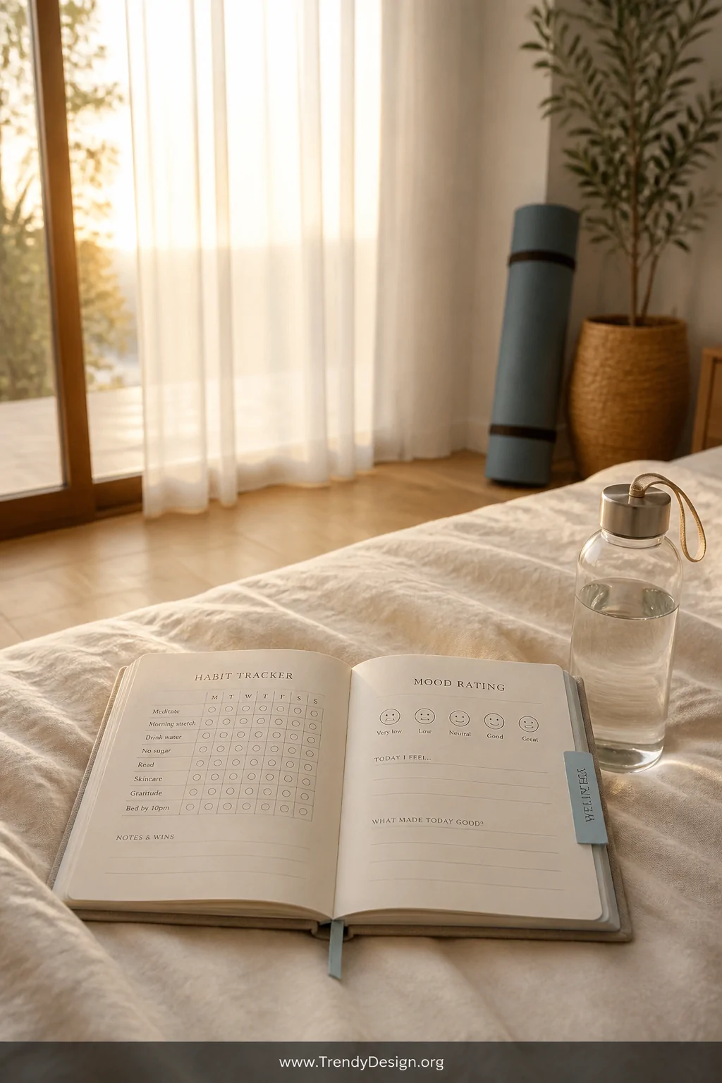 A wide shot of a serene bedroom wellness corner with a linen-covered journal open to a habit tracker grid and mood rating pag