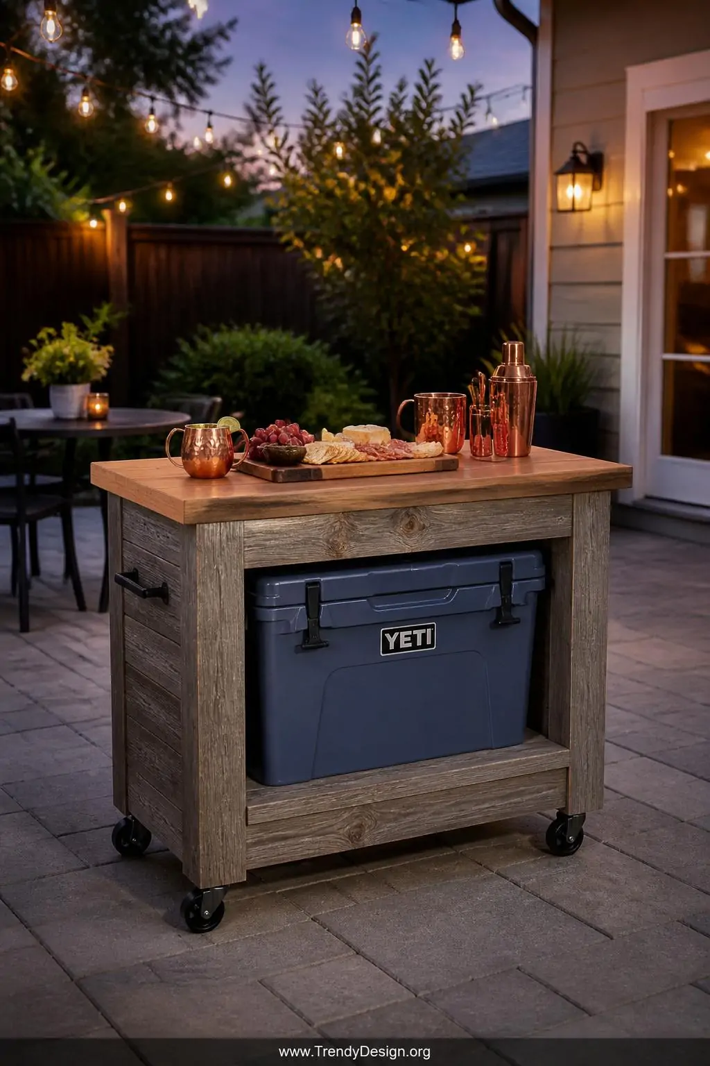 A reclaimed pallet wood cabinet frame encasing a medium hard-sided cooler elevated to bar height on black locking casters, wa