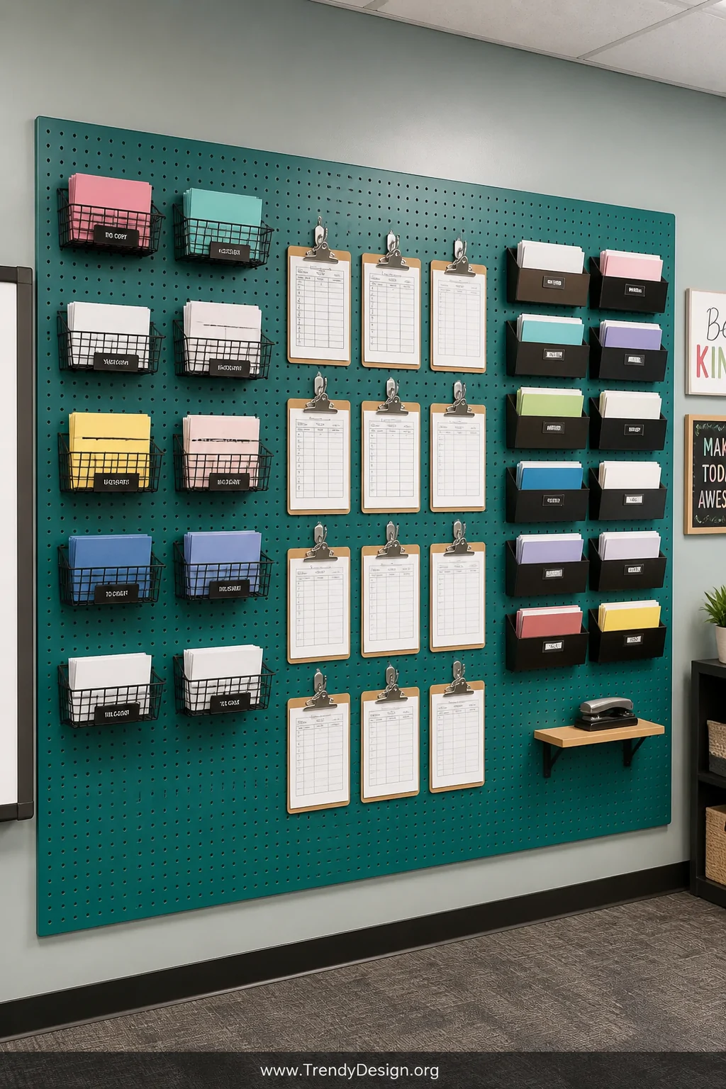 Wide shot of a bold teal-painted pegboard mounted on a classroom wall, densely arranged with wire baskets holding sorted pape