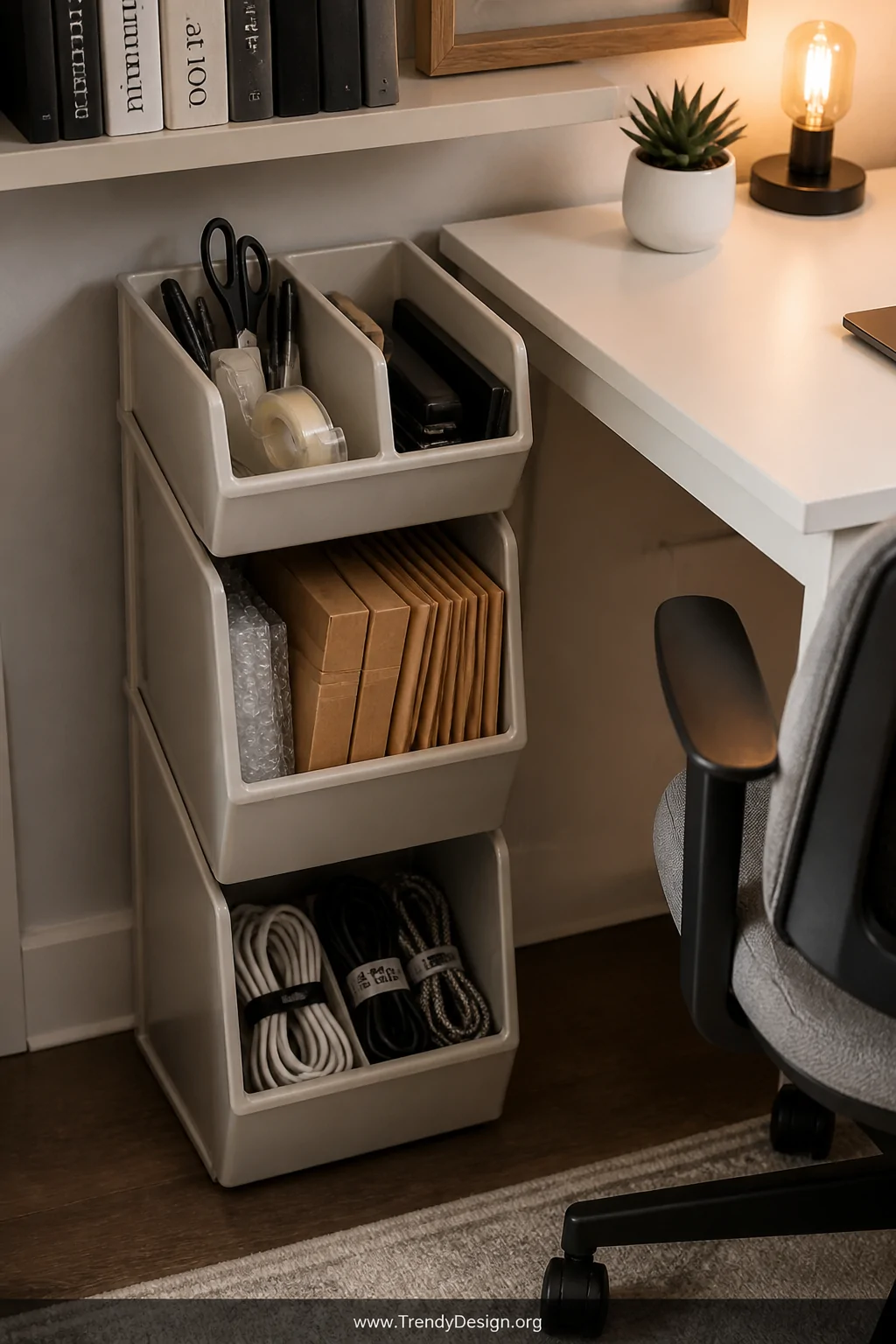 Detail-to-medium shot of a tidy home office corner with a compact modular stacking bin unit tucked beside a white desk, shall