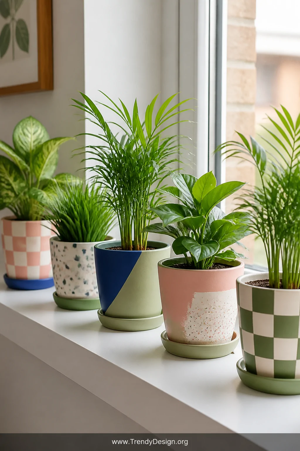 Medium shot of a bright windowsill styled with five terra cotta pots painted in bold color-block designs, checkered patterns,