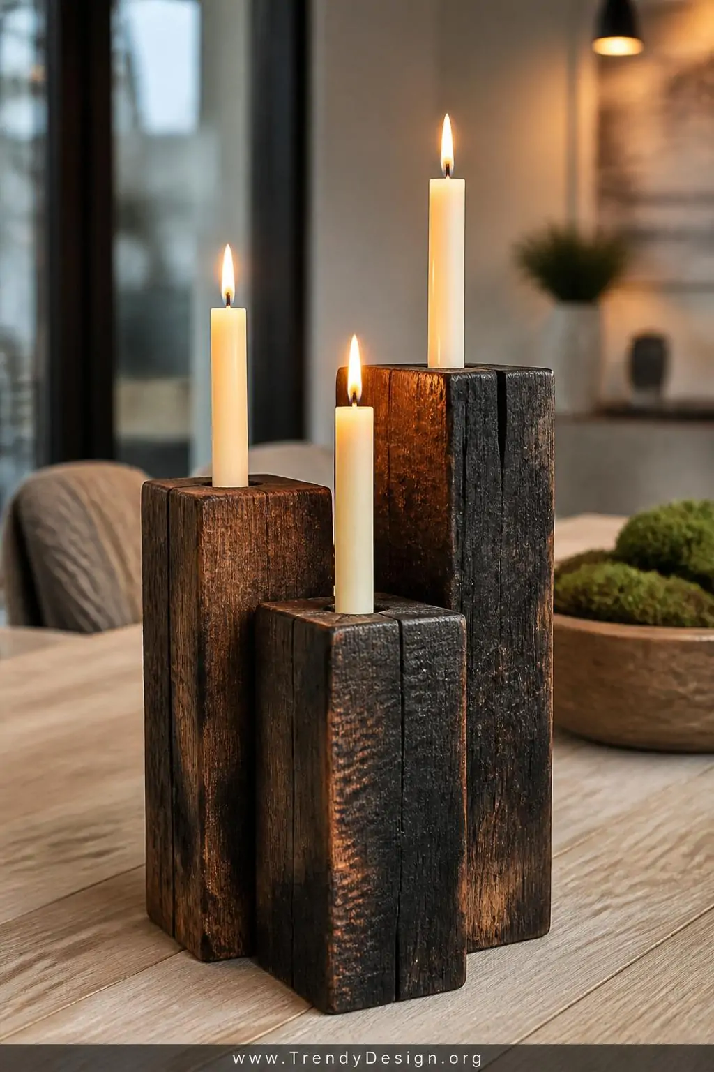 Close-up photorealistic dining table centerpiece shot of a sculptural wooden candle holder arrangement made from stacked recl