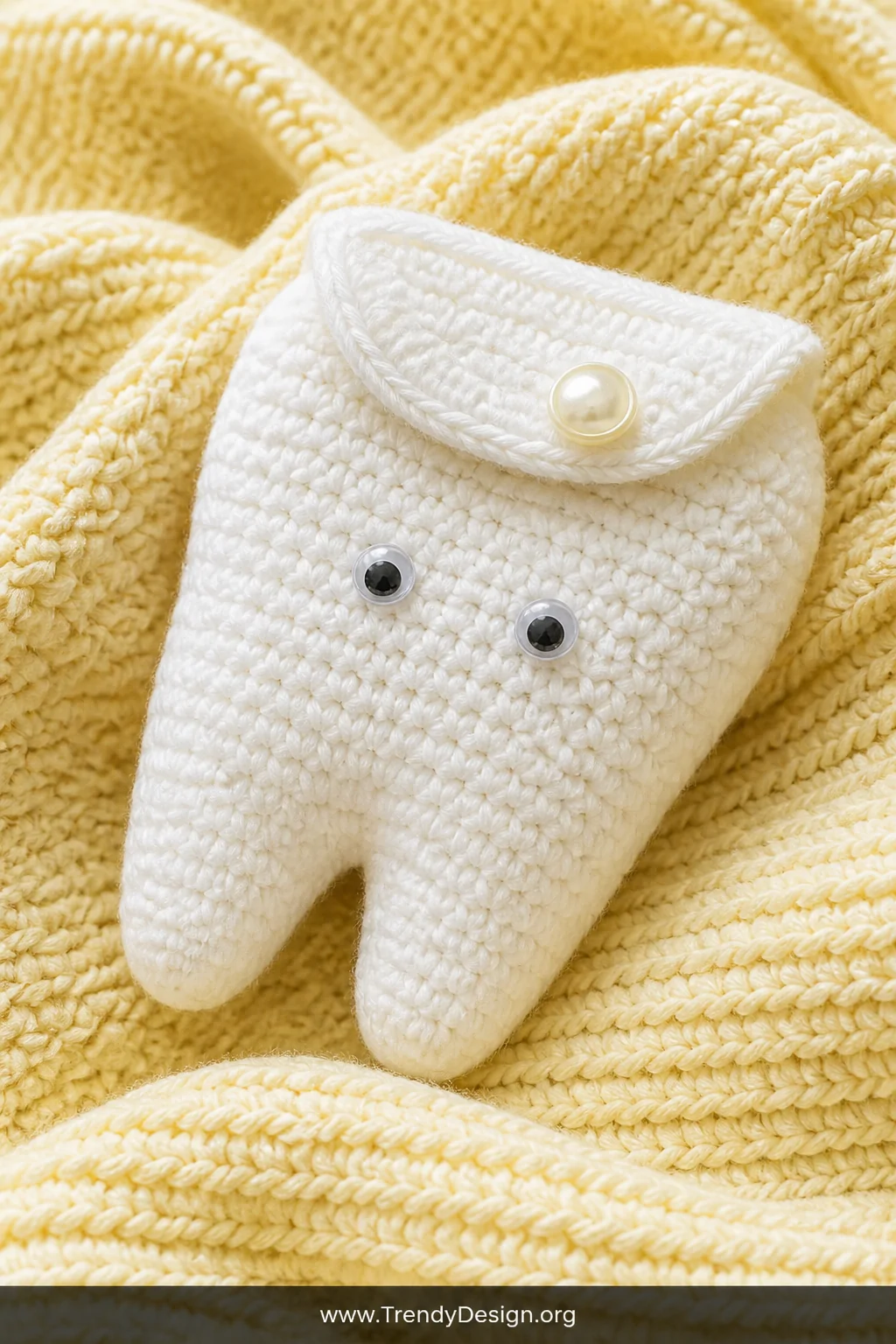 Close-up detail shot of a small crocheted pouch shaped like a white tooth with two tiny googly eyes stitched onto its rounded