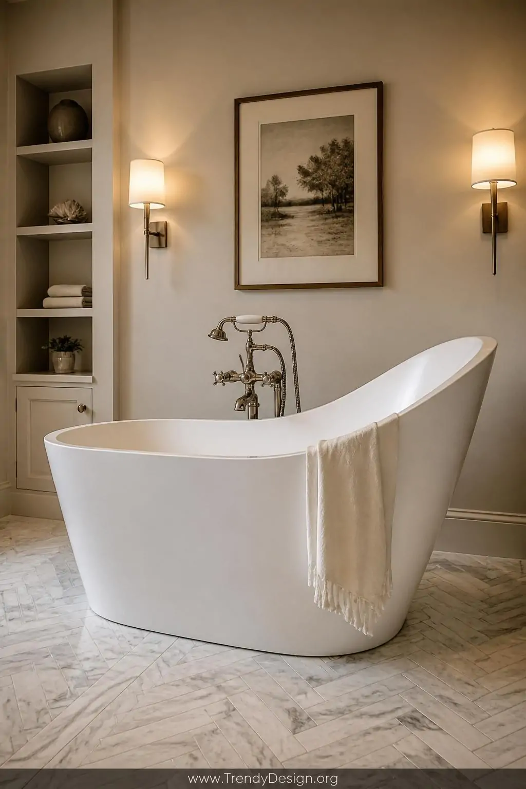 Closeup medium shot of a modern slipper-style freestanding bathtub in crisp matte white acrylic with one elegantly raised end