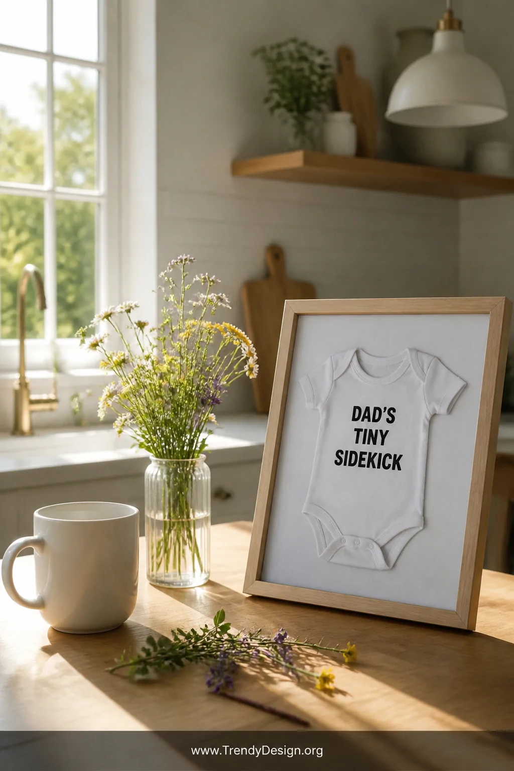 A bright kitchen breakfast table styled with a white ceramic mug, scattered wildflowers in a small glass vase, and a framed p