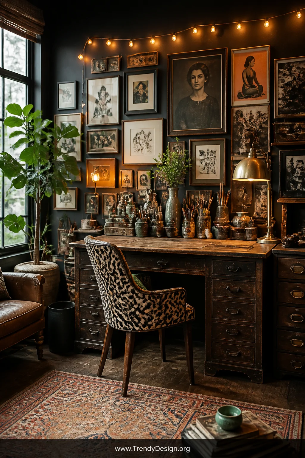 Wide shot of a richly layered eclectic artist's studio featuring a worn vintage wooden desk topped with mismatched antique gl