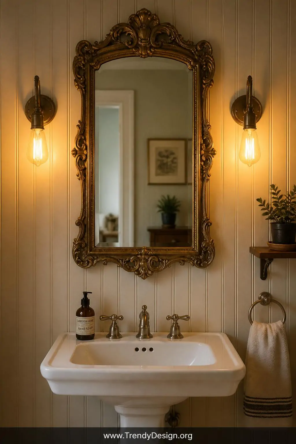 A medium-shot photorealistic interior design photograph of a vintage bathroom vanity wall featuring an ornate gilded carved m