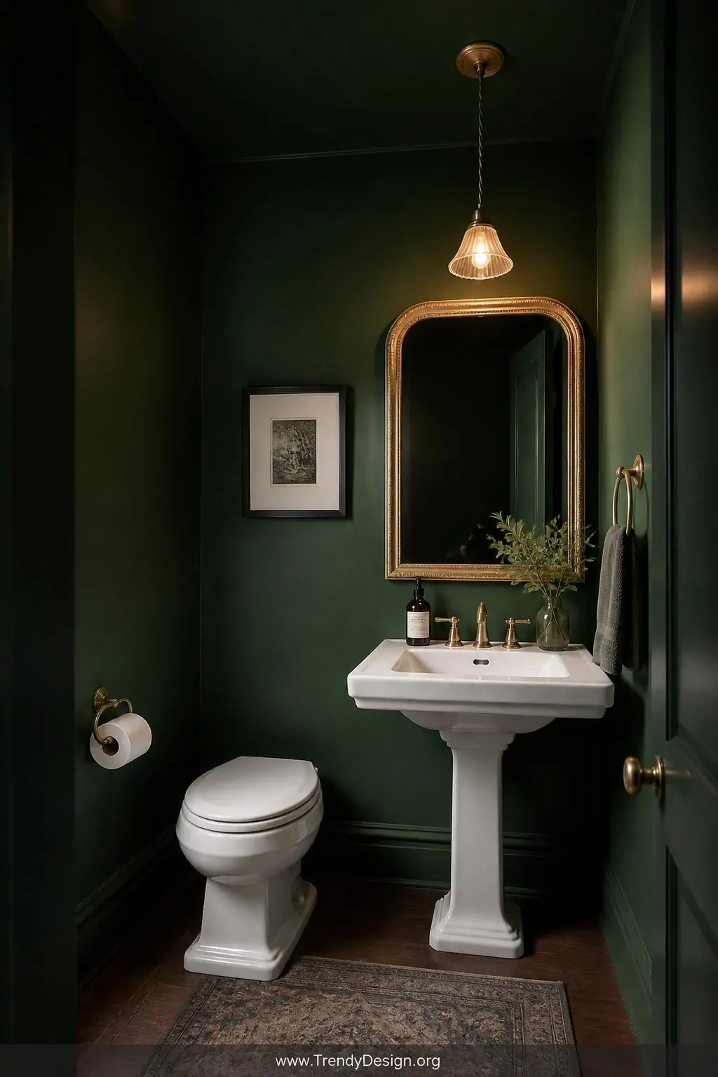 Wide shot of a powder room painted entirely in deep forest green from floor to ceiling including the ceiling itself, unlacque