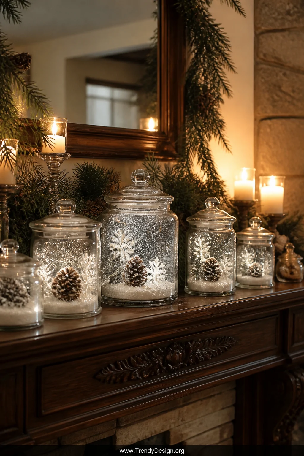 A cozy wide interior vignette of a wooden holiday mantelpiece styled with a collection of clear wide-lidded glass jars filled