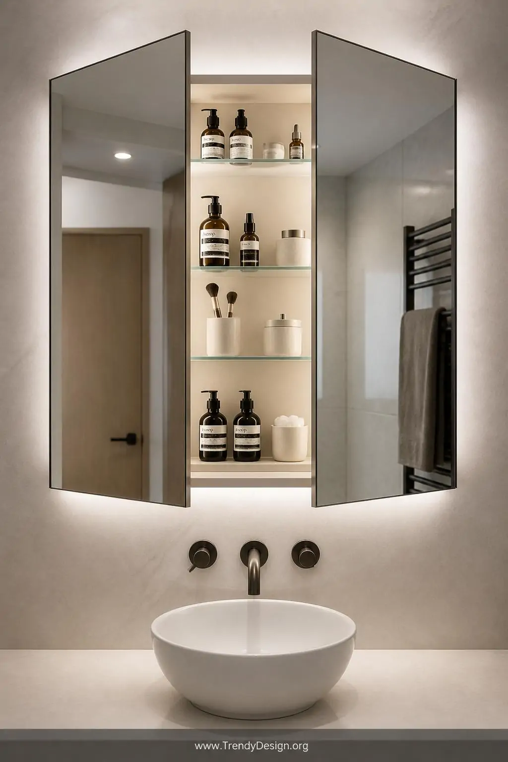A sleek frameless recessed medicine cabinet mirror with soft-close doors slightly ajar revealing interior LED-lit shelves lin
