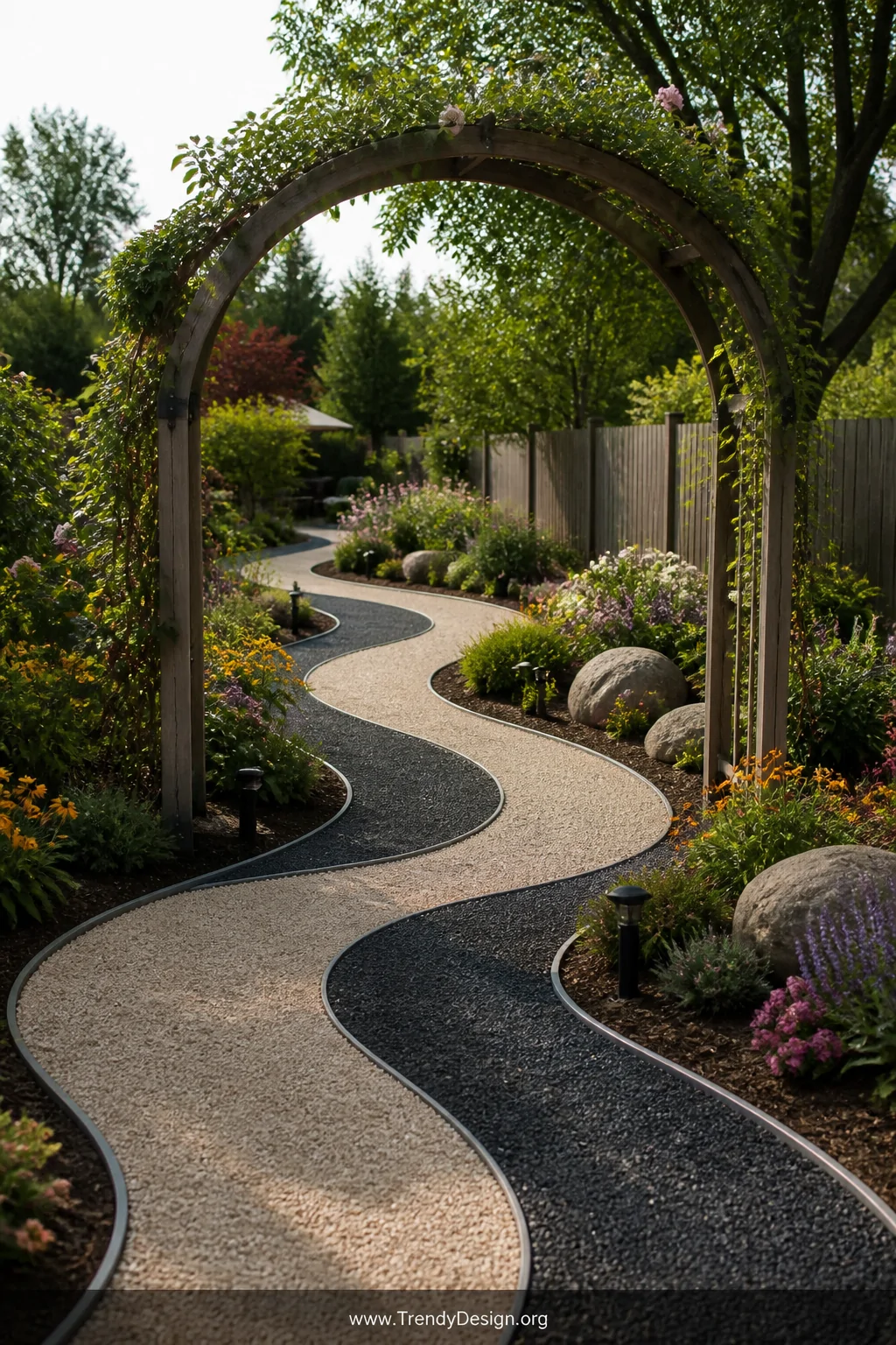 A winding gravel pathway race track snaking through a lush backyard garden, framed by clean metal landscape edging, filled wi