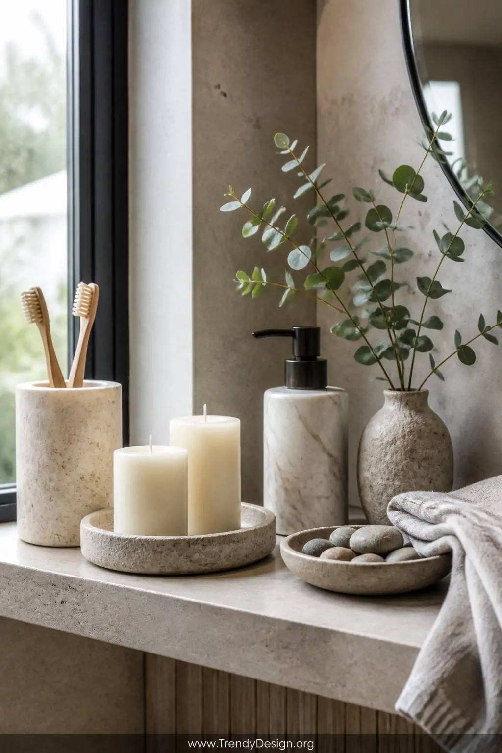 Closeup photorealistic interior design shot of a styled bathroom shelf and windowsill arrangement featuring a chunky traverti