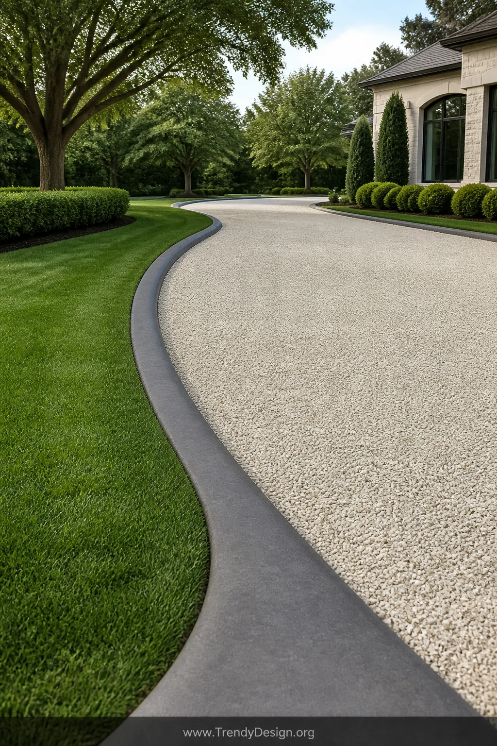 A wide shot of a sweeping curved driveway bordered by smooth continuous poured concrete curbing in a sloped mounded profile t