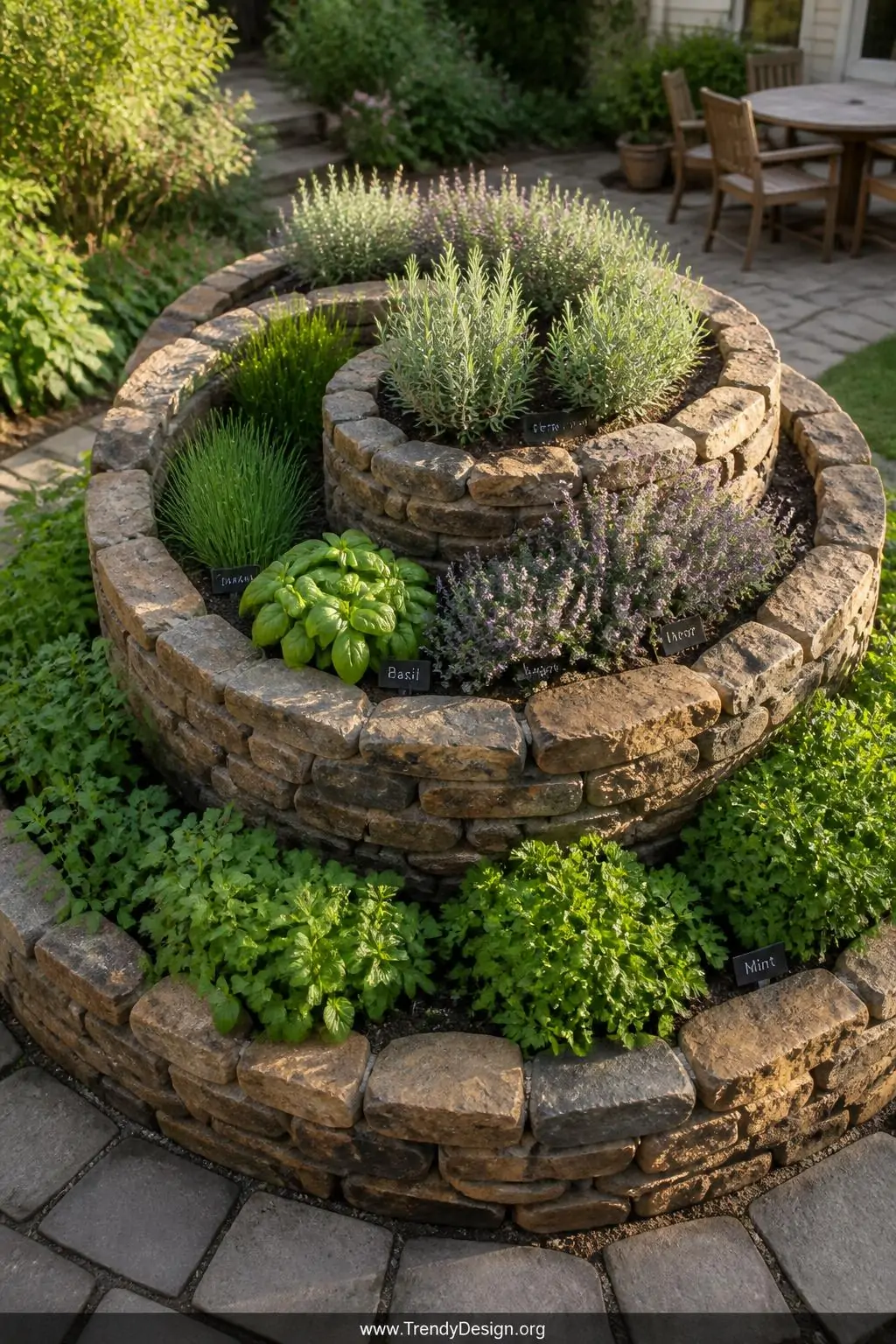 A wide photorealistic shot of a stunning coiled herb spiral rising nearly four feet at its peak, constructed from stacked rou
