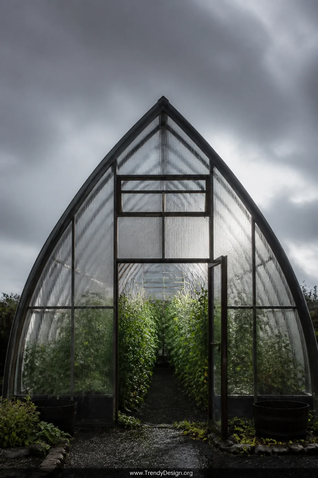 Medium shot of an elegant gothic arch hoop house with a sharply pointed peak silhouetted against a moody overcast sky, rainwa
