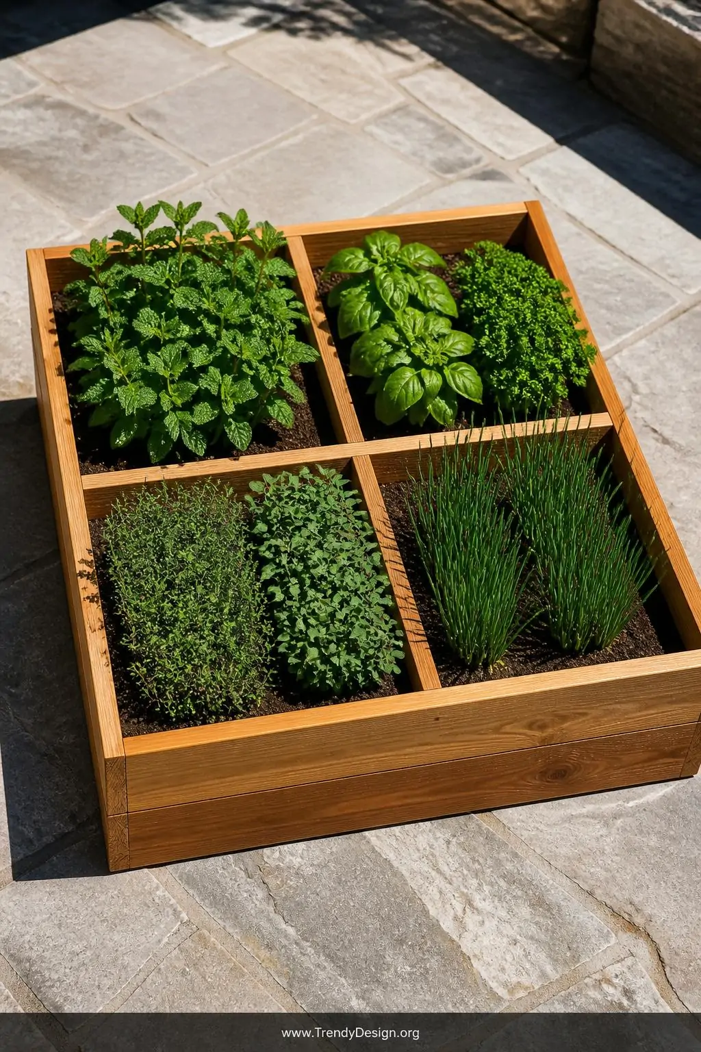 Medium shot of a compact two-foot by four-foot raised cedar bed positioned on a sun-washed stone patio, the warm honey-toned 