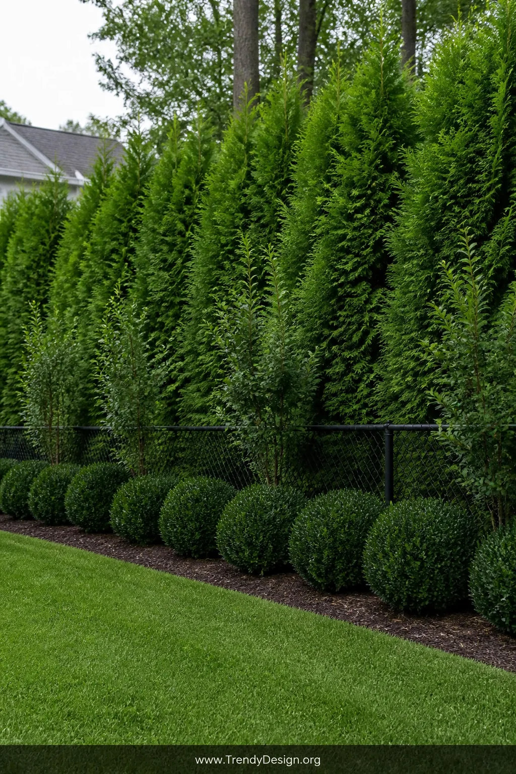 A wide backyard landscape shot of a dense emerald green arborvitae hedge growing tall and full along a chain link fence line,