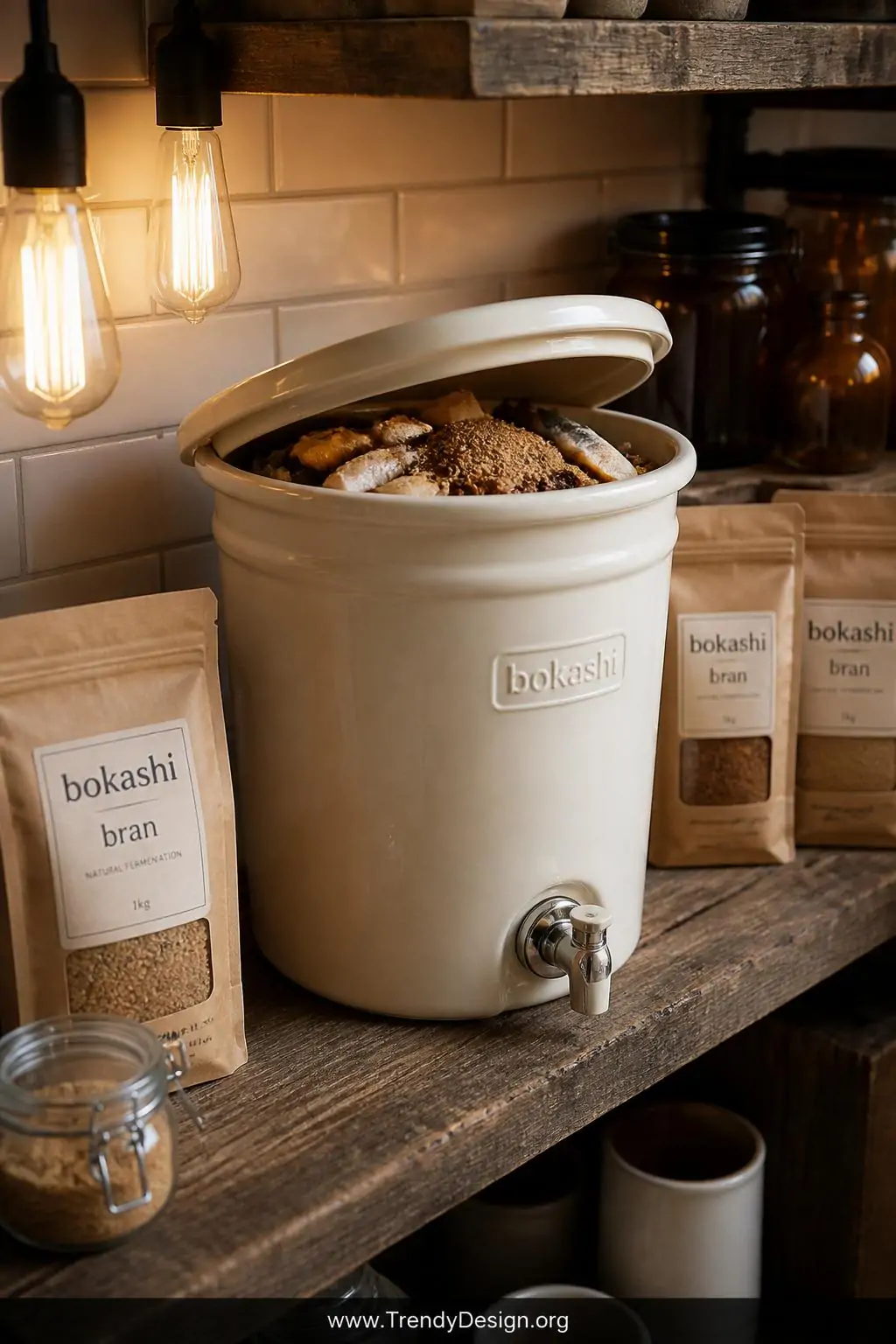 An airtight cream-colored ceramic bokashi fermentation bucket sits on a rustic reclaimed wood kitchen shelf surrounded by sma