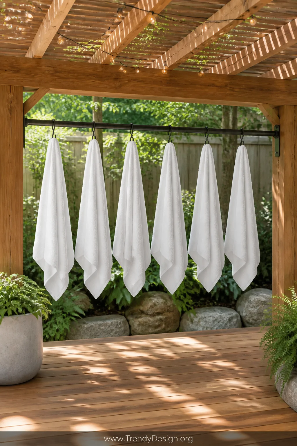 A wide shot of a natural wood pergola in a landscaped backyard, with a dark iron horizontal bar installed beneath one beam ho