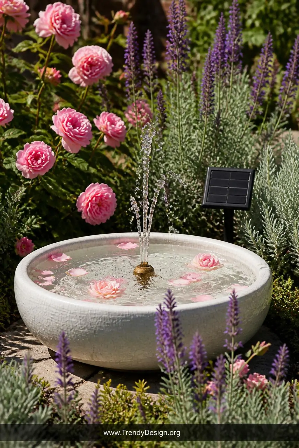 Close-up photorealistic image of a shallow ceramic bird bath fountain in aged dove-white with a subtly crackled glaze finish,