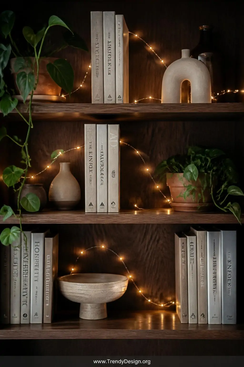 Closeup shot of a dark walnut bookshelf with copper wire fairy lights woven in a flowing S-pattern across three shelves betwe