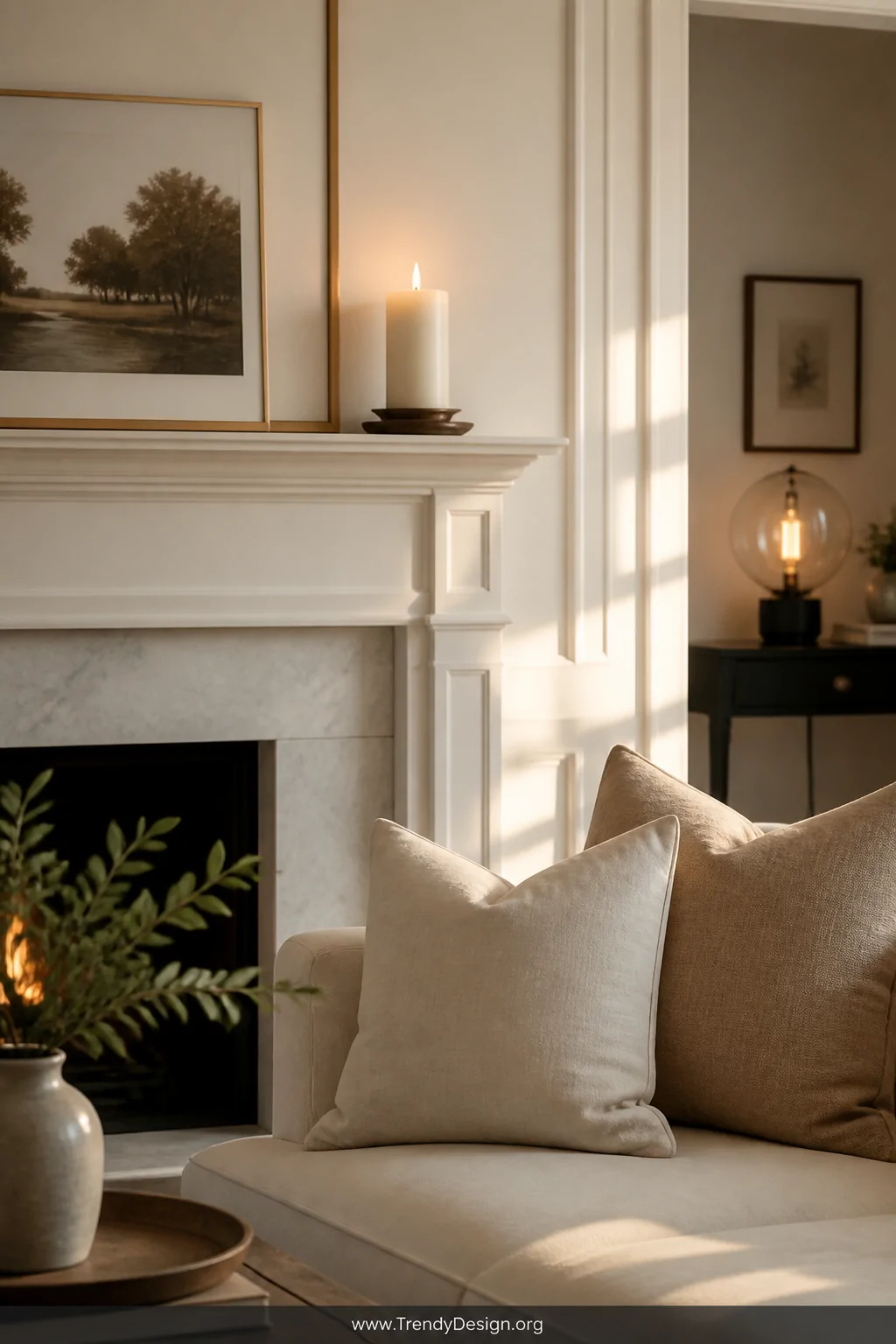 A bright and airy living room detail shot focused on a neatly styled fireplace mantle with a freshly lit ivory pillar candle,