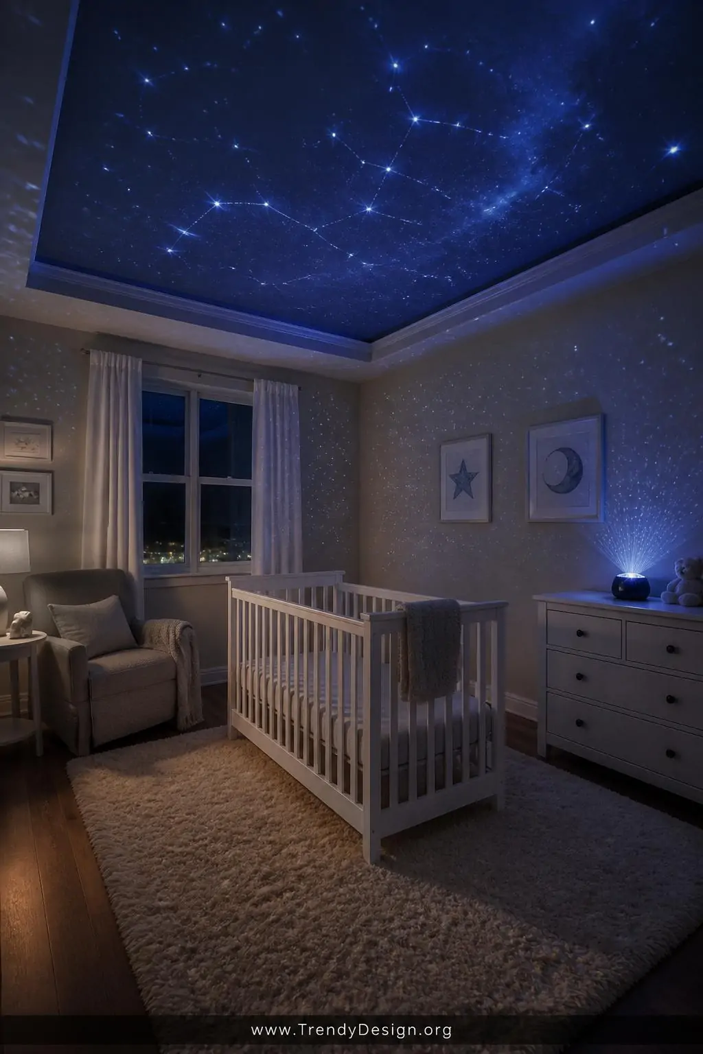 Wide photorealistic nursery interior at nighttime with a star projector casting slow-moving soft blue and silver constellatio