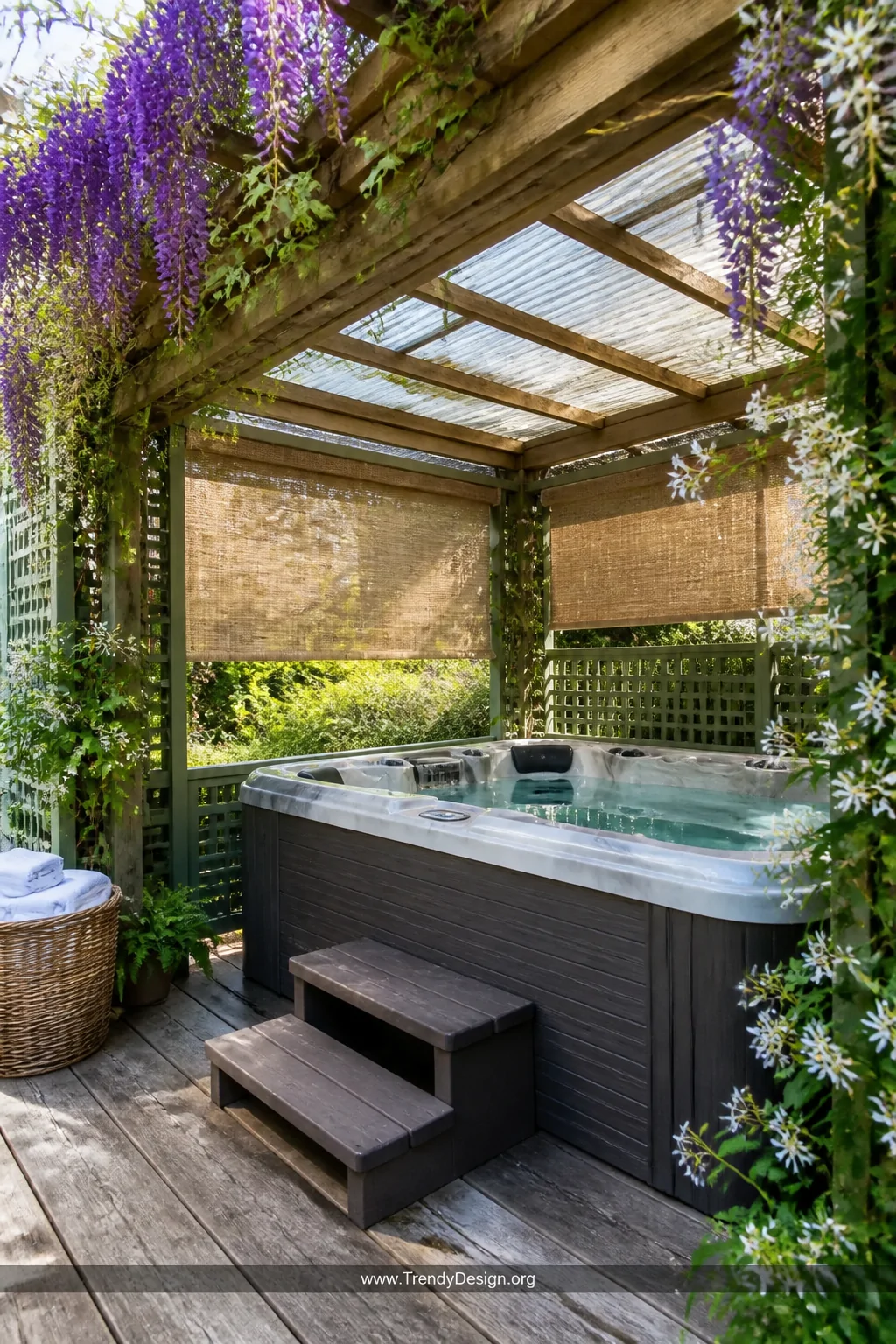 Detail and medium photorealistic shot of a pergola-style hot tub enclosure in full bloom, with a pressure-treated timber fram