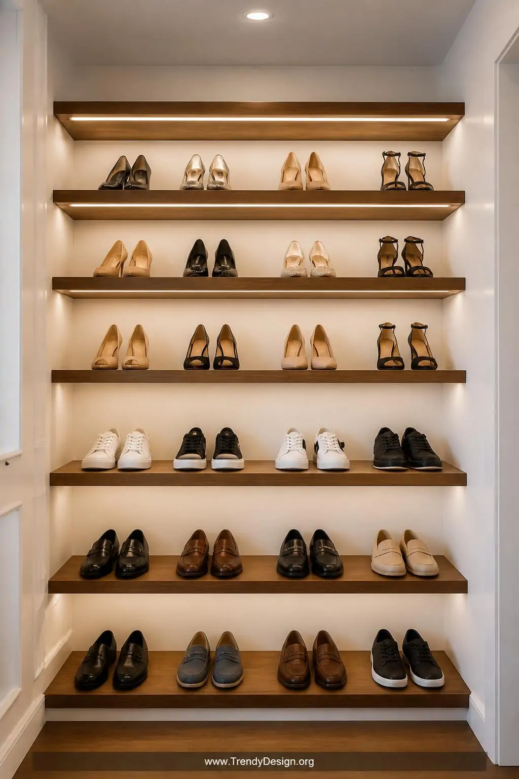 Medium shot of a dedicated shoe display wall inside a white closet with battery-powered under-shelf LED bars mounted beneath 