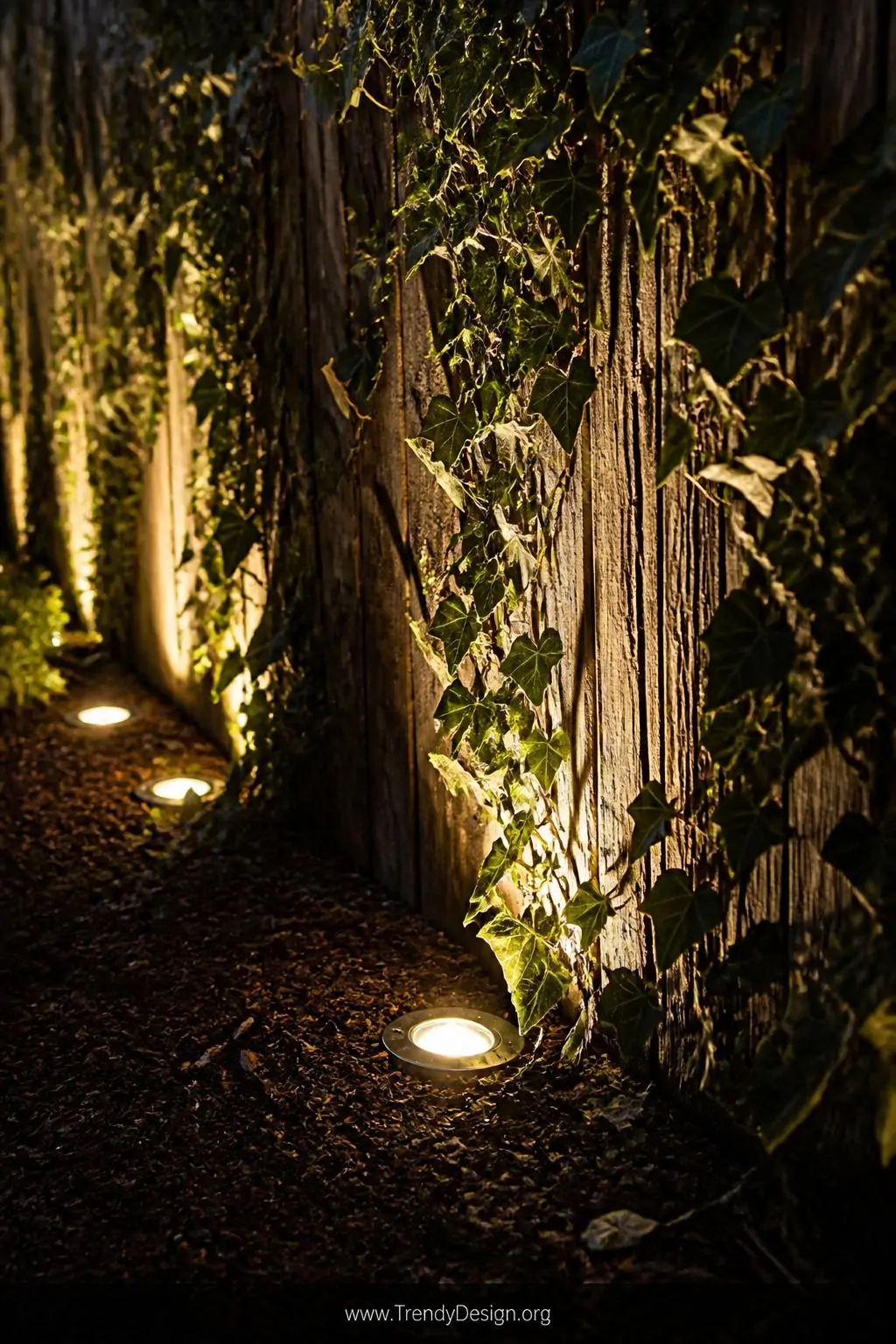 Closeup shot of warm white in-ground uplight fixtures spiked into dark mulch at the base of a weathered wood fence, dramatic 
