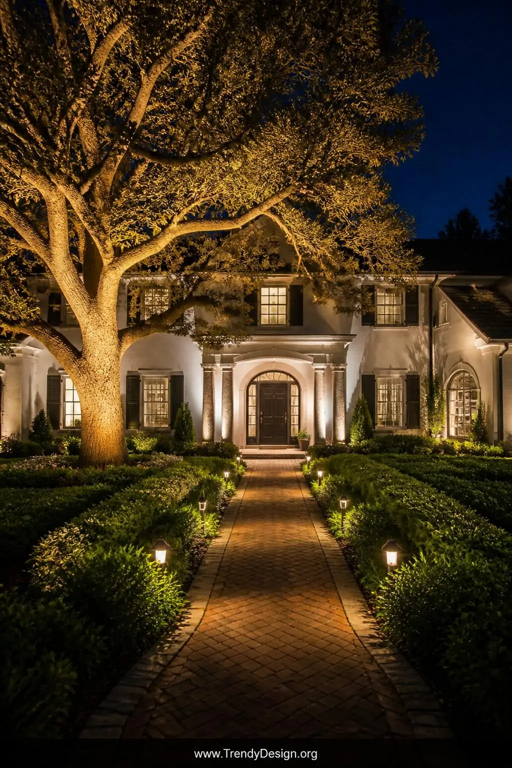 Wide photorealistic exterior night shot of a dramatic residential façade where powerful ground-mounted uplights wash a toweri