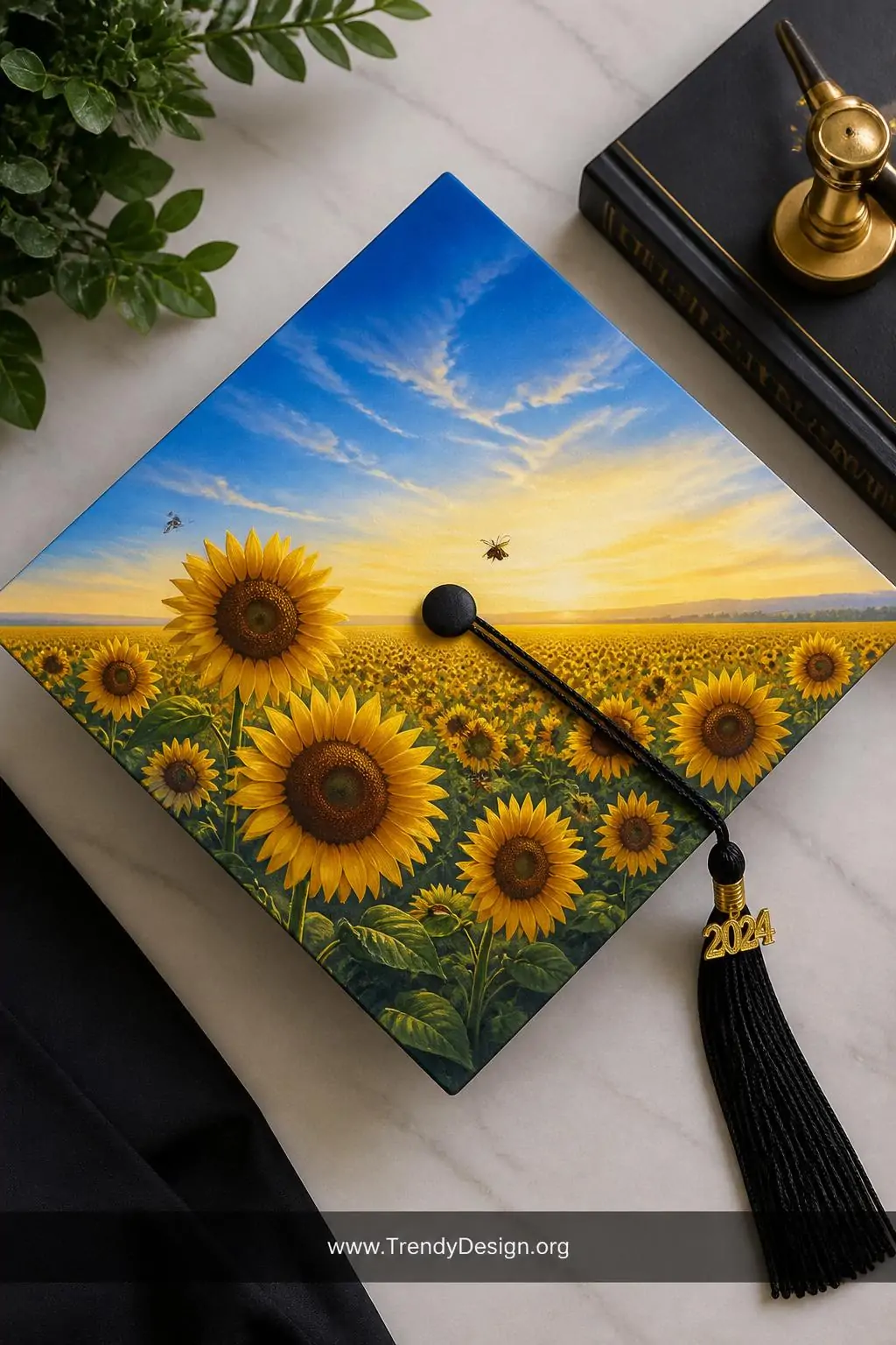 A wide photorealistic flat lay of a graduation cap displaying a panoramic painted sunflower field scene stretching edge to ed