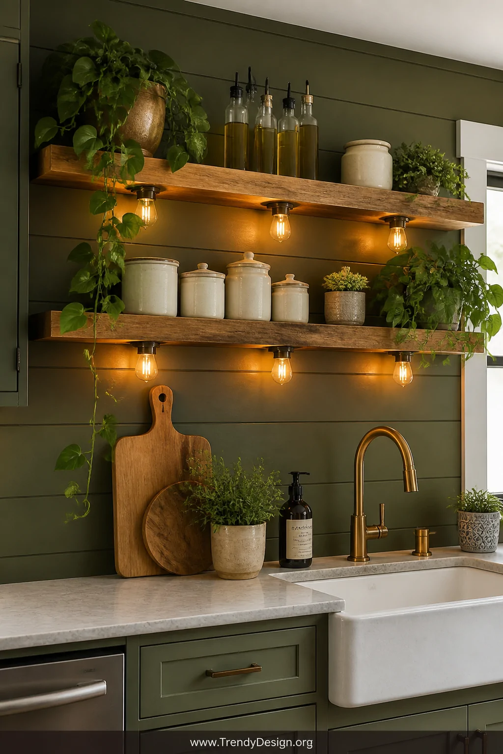 A medium kitchen shot of horizontal olive green shiplap apron board panels with two natural wood floating shelves mounted in 