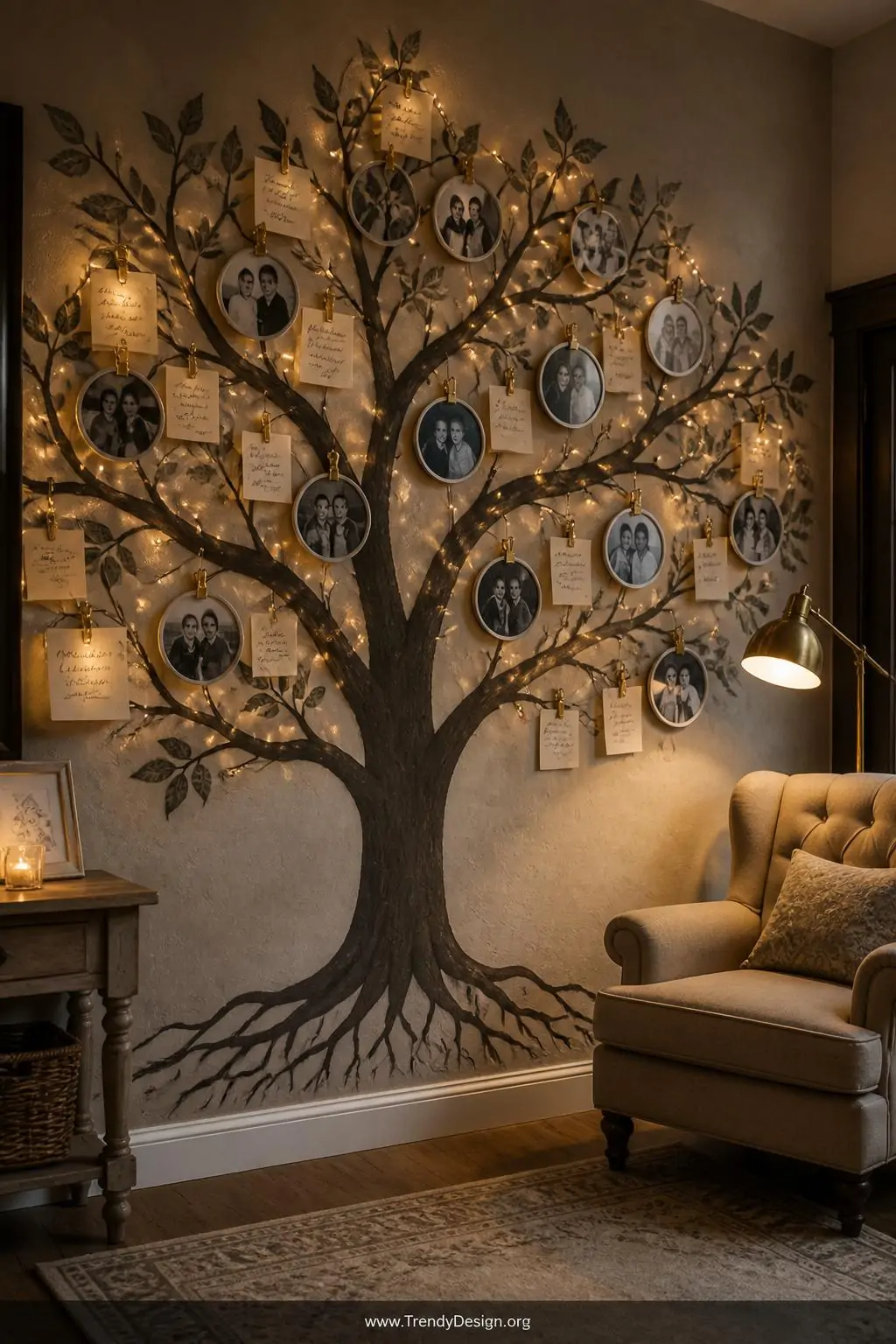 A wide shot of a cozy living room gallery wall featuring a large painted Tree of Life silhouette in deep charcoal on warm gre
