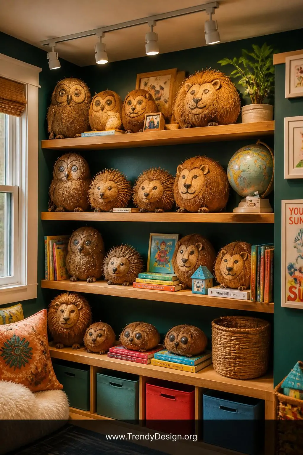 Wide shot of a maximalist children's bedroom shelf crowded with whole unpeeled coconuts transformed into owl, lion, and hedge