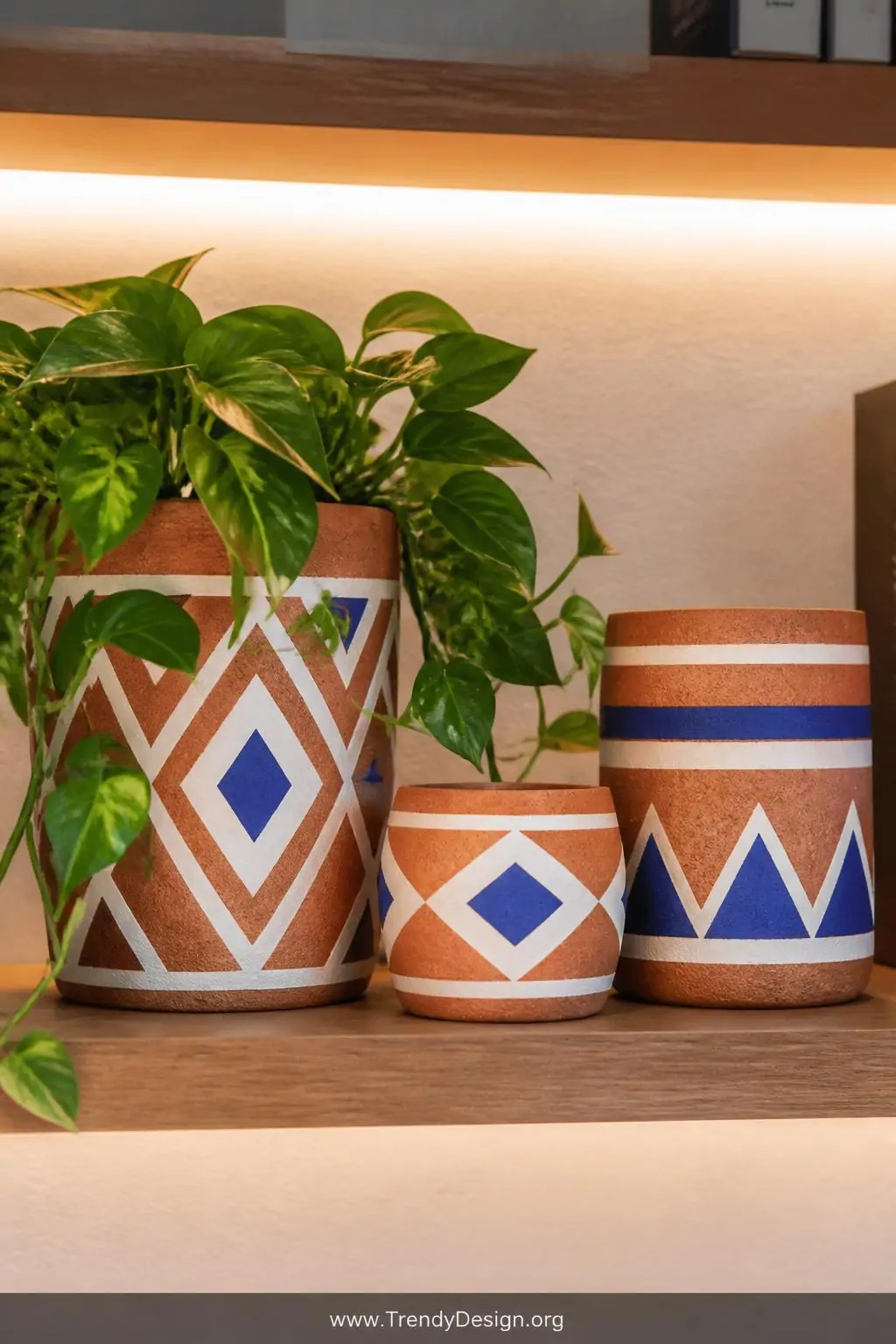 A styled shelf close-up showcasing three coordinated terracotta planters decorated with crisp geometric sand patterns in brig