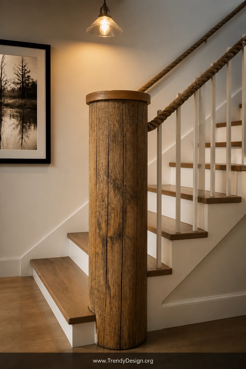 Medium photorealistic interior shot of a staircase base featuring a chunky cylindrical telephone pole newel post with a flat 
