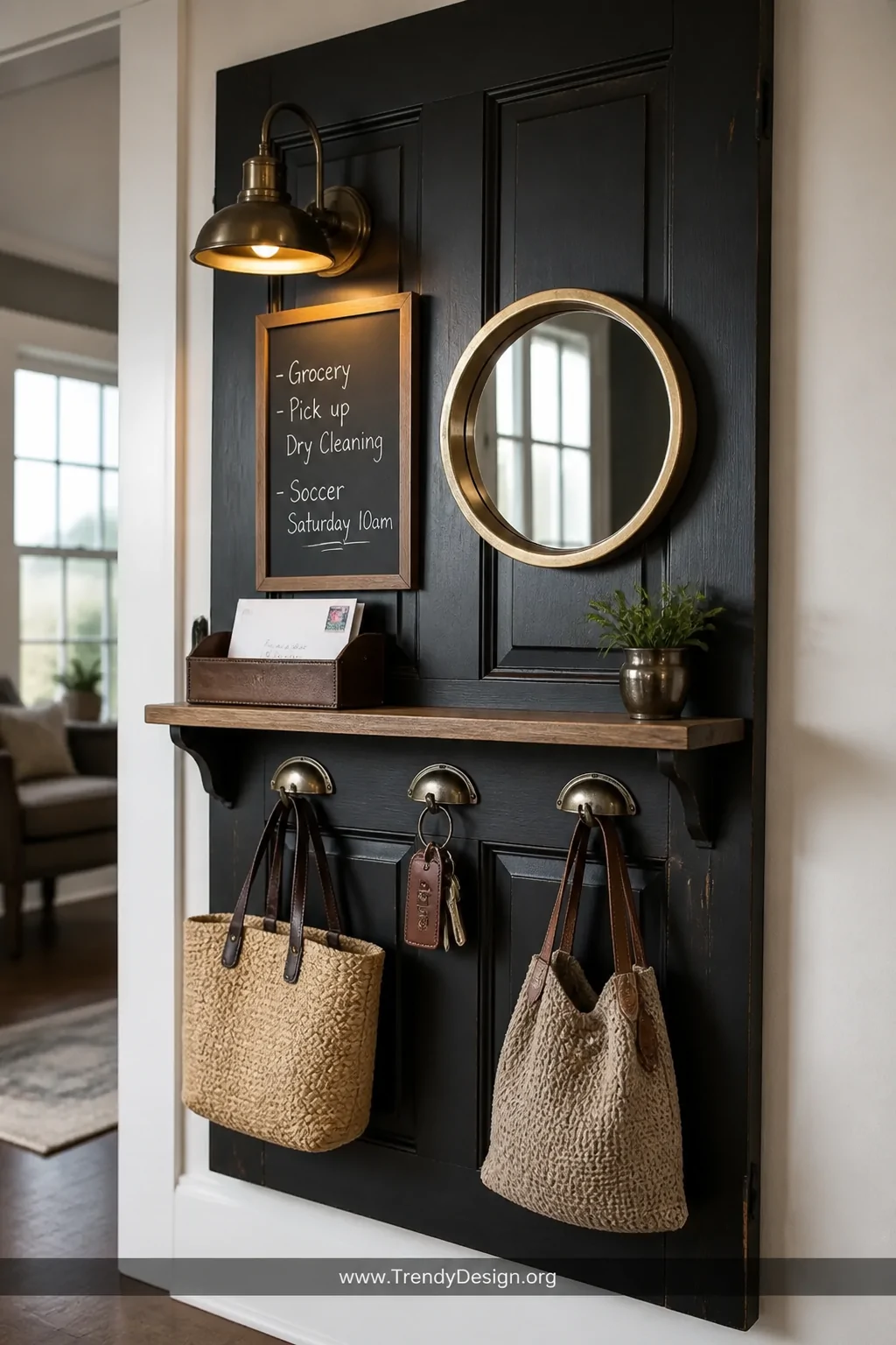 A medium shot of a entryway command station built from a vertically mounted antique door painted in deep charcoal, fitted wit