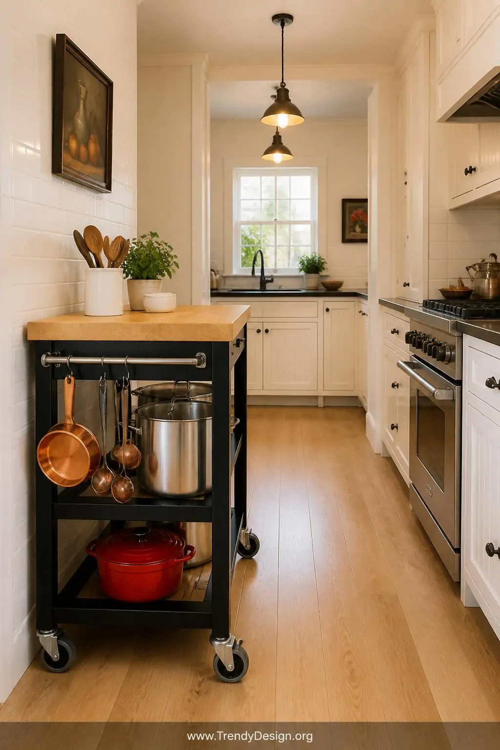 Wide shot of a small galley kitchen with a natural butcher block top rolling cart on matte black locking casters positioned n