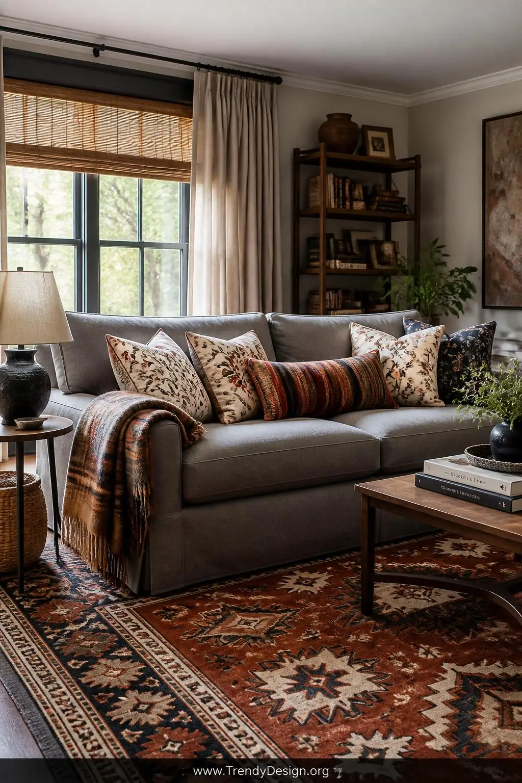Medium photorealistic interior design shot of a personality-rich family room showcasing a gray sofa layered with bold pattern