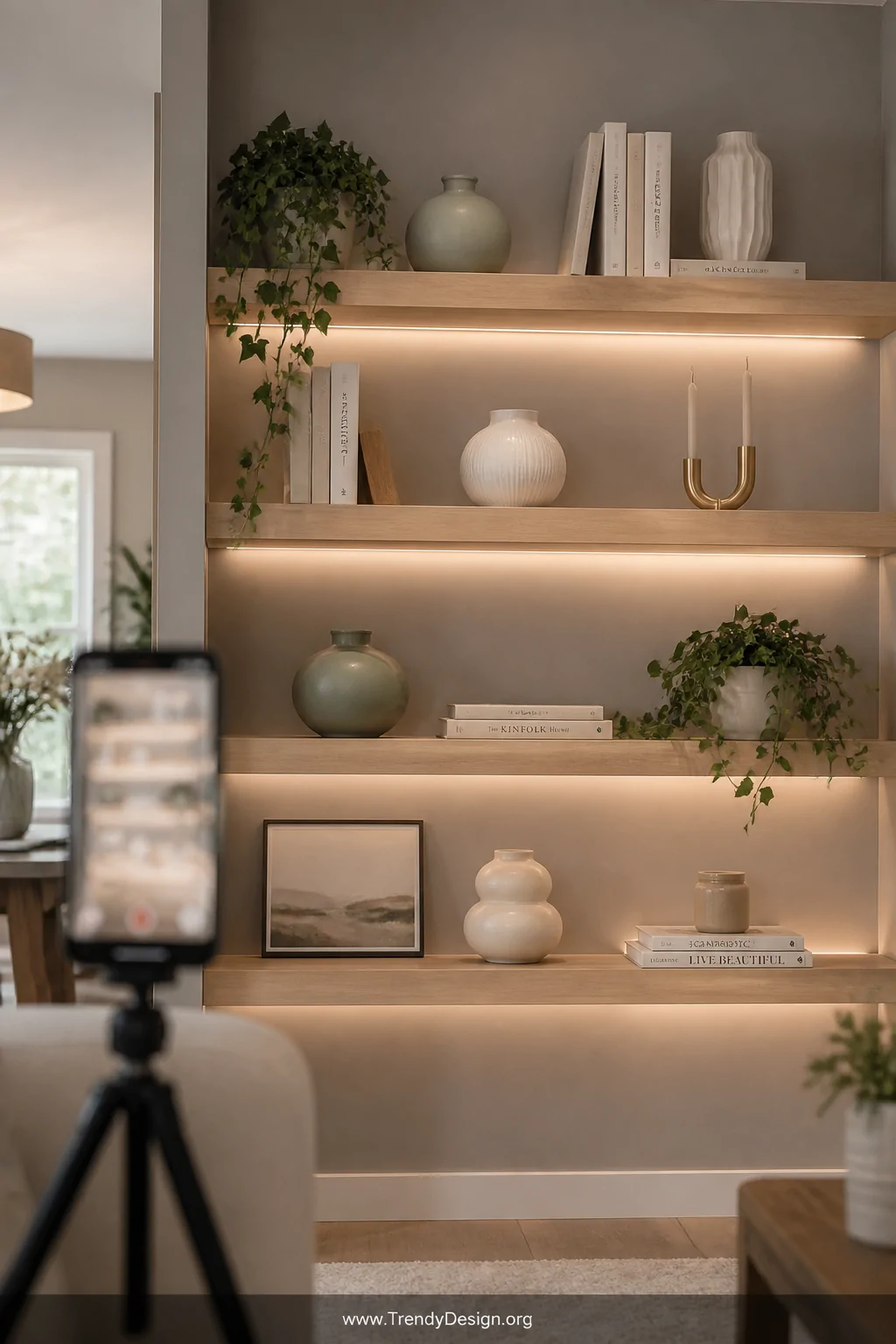 Wide-angle shot of a cohesive, Instagram-worthy home decor shelfie wall featuring floating white oak shelves styled with John