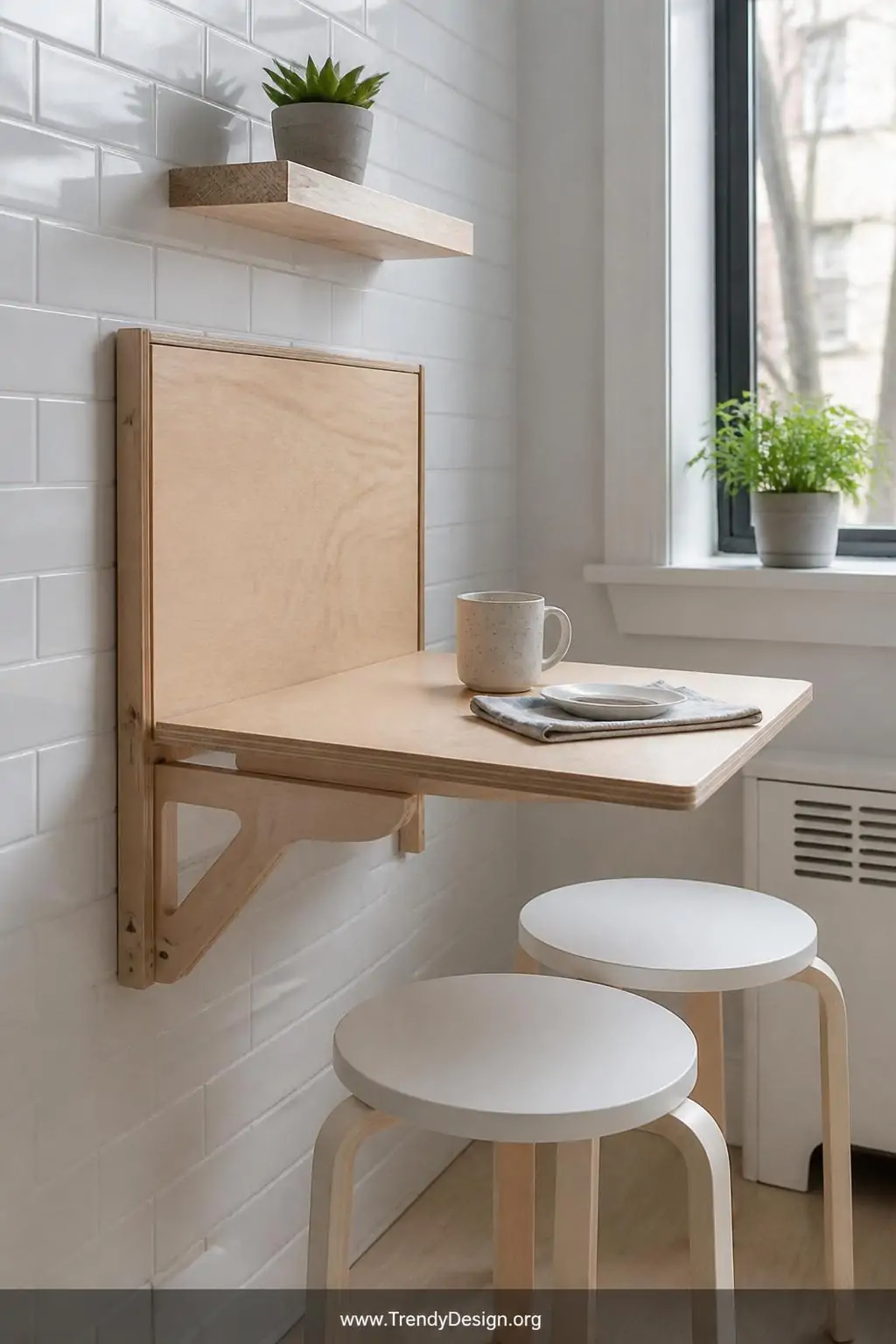 Closeup shot of a compact wall-mounted fold-down kitchen nook table in natural birch wood fully extended and set with a singl