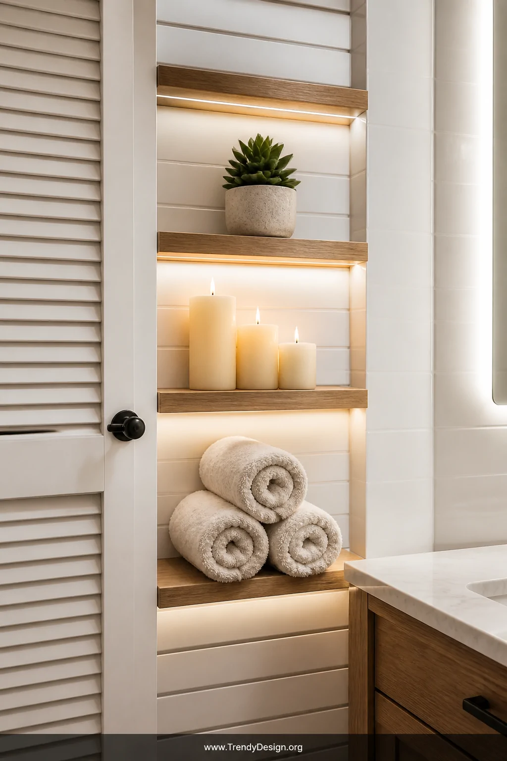Closeup detail shot of a louvered door mounted on a white subway-tiled bathroom wall with thin natural wood shelves wedged be