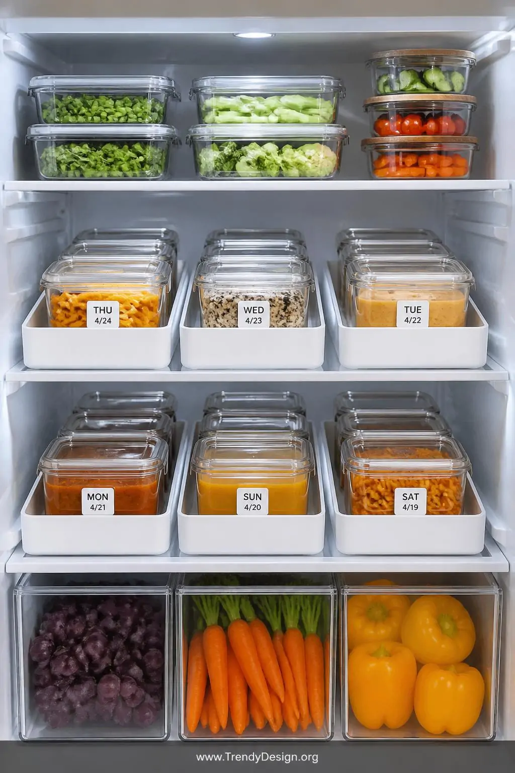 A medium shot looking directly into an organized refrigerator interior where older food items in clear glass containers are n