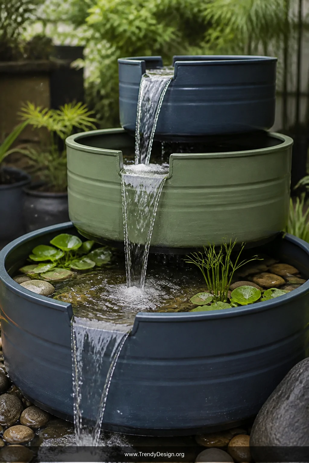 A detail closeup of a three-tiered garden fountain built from cut sections of 55-gallon plastic drums painted in complementar