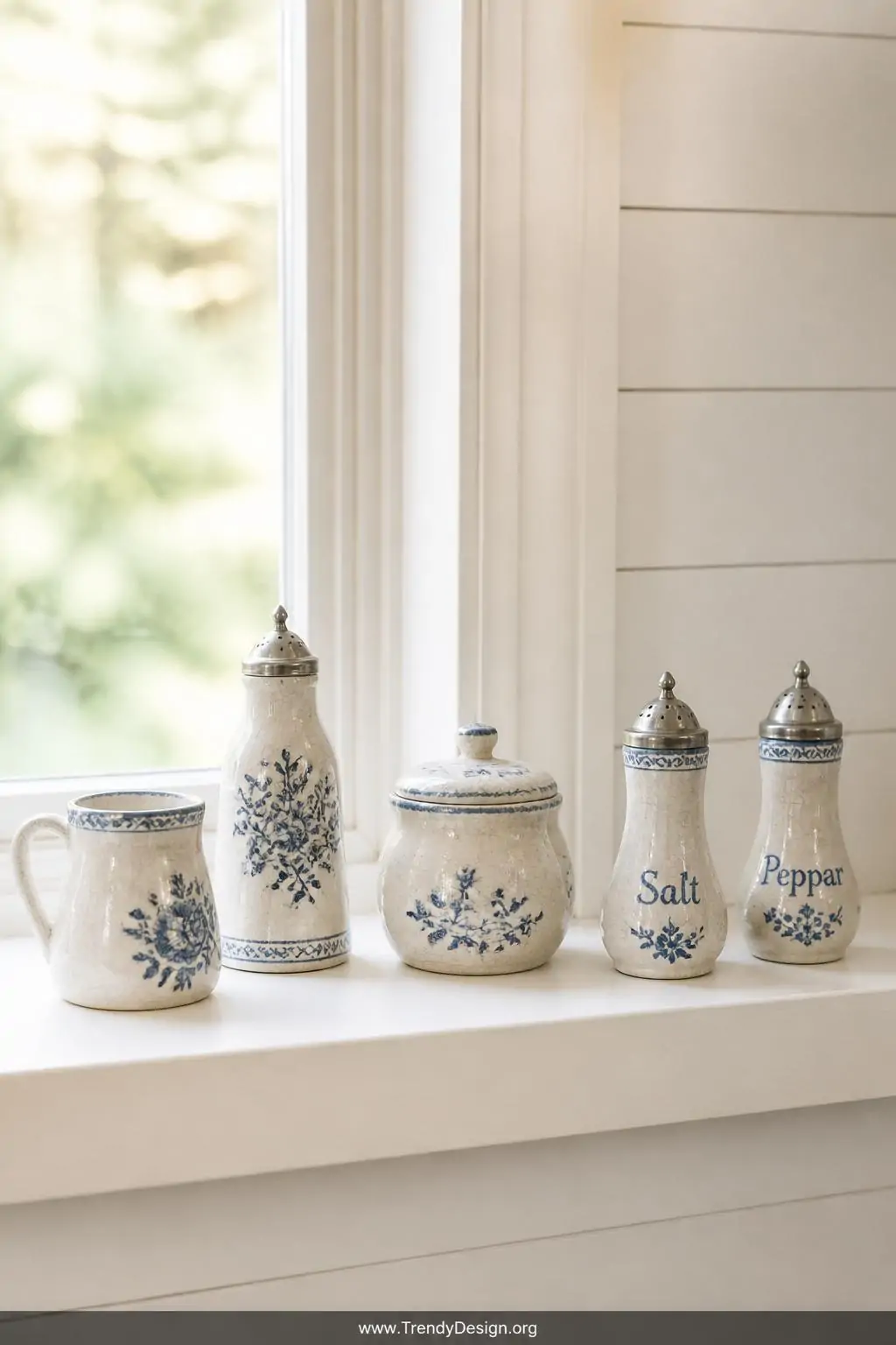Wide shot of a bright kitchen windowsill arranged with five pieces of vintage pottery in creamy white and soft cobalt blue, i