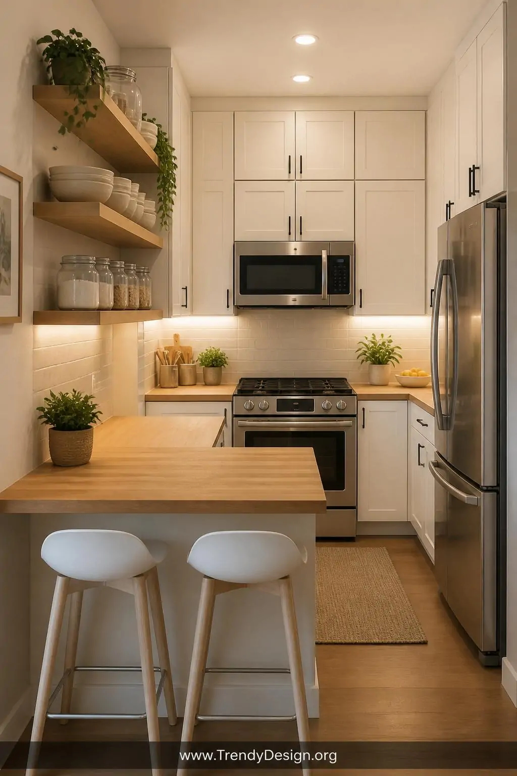 Medium-shot photorealistic interior design image of a charming compact galley kitchen transformed by light maple butcher bloc