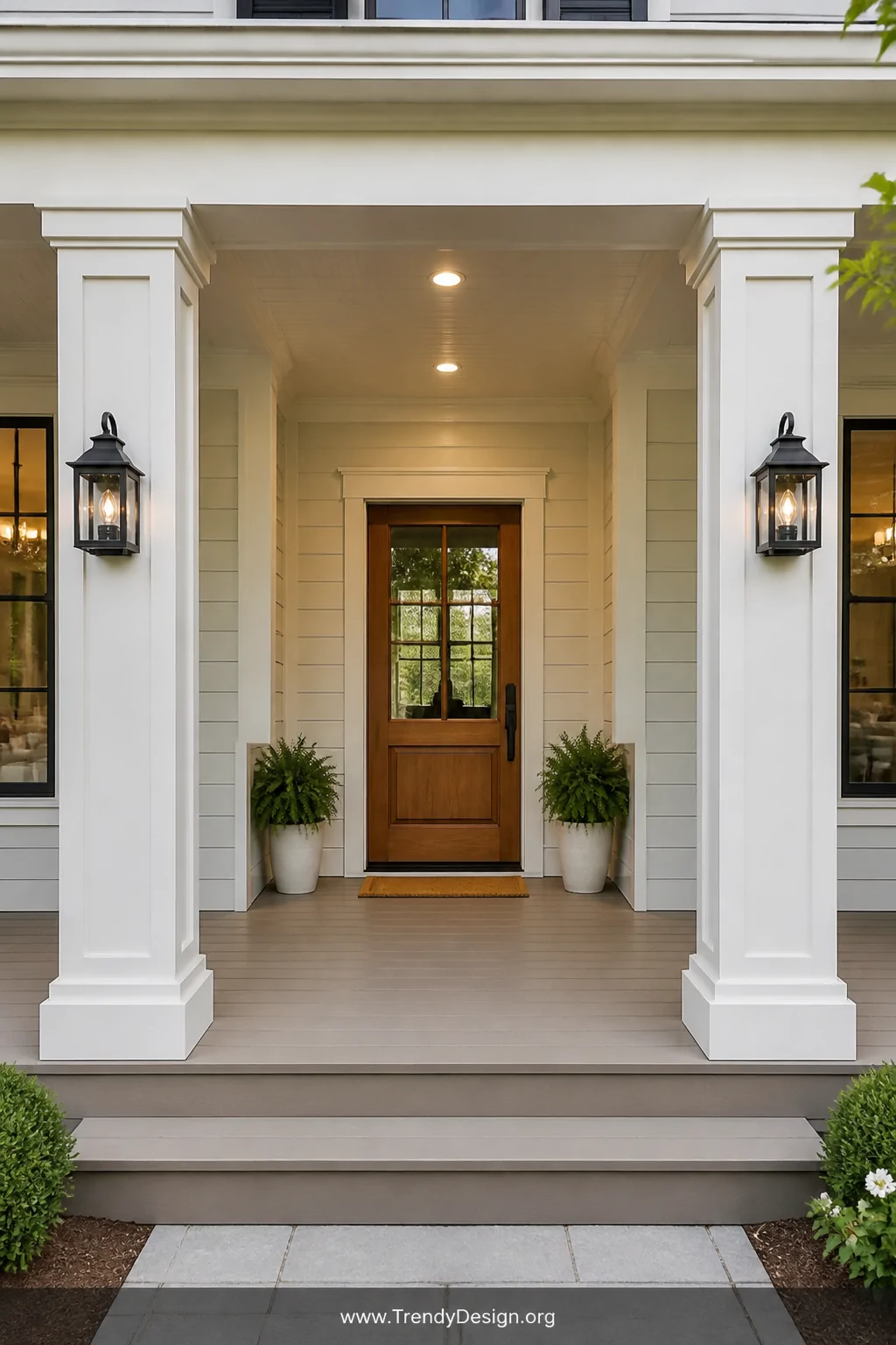 Medium shot of a modern farmhouse front porch featuring generously proportioned crisp white box beam columns with clean lumbe