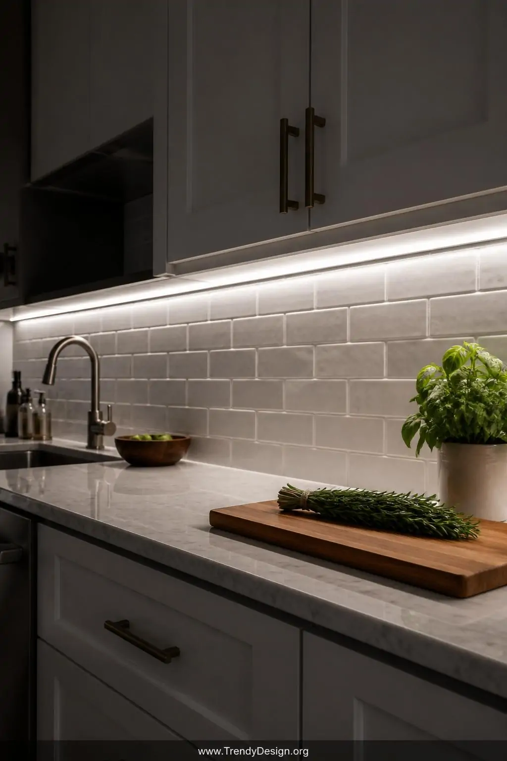 Closeup shot of a high-end kitchen countertop where LED tape strips mounted beneath white shaker cabinets cast brilliant focu